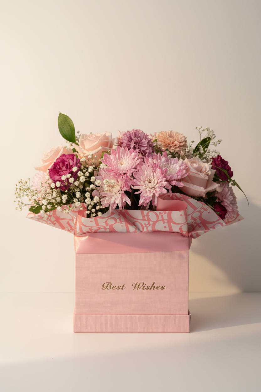 Large pink Best Wishes flower box with pink blooms on white background