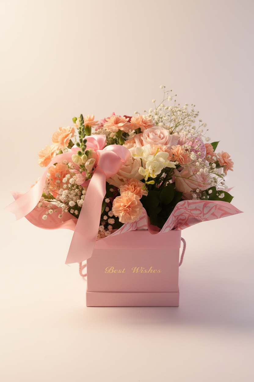 Large pink flower box with peach carnations and roses on white background