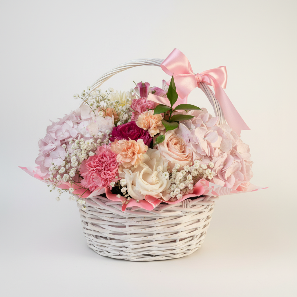White wicker flower basket with pink roses and carnations on white background